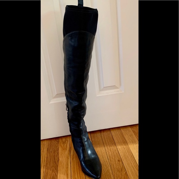 DONNA KARAN THIGH HIGH BOOT SHEER MESH INSERTS GOLD ACCENT HEEL SIZE 8.5 - Picture 2 of 3